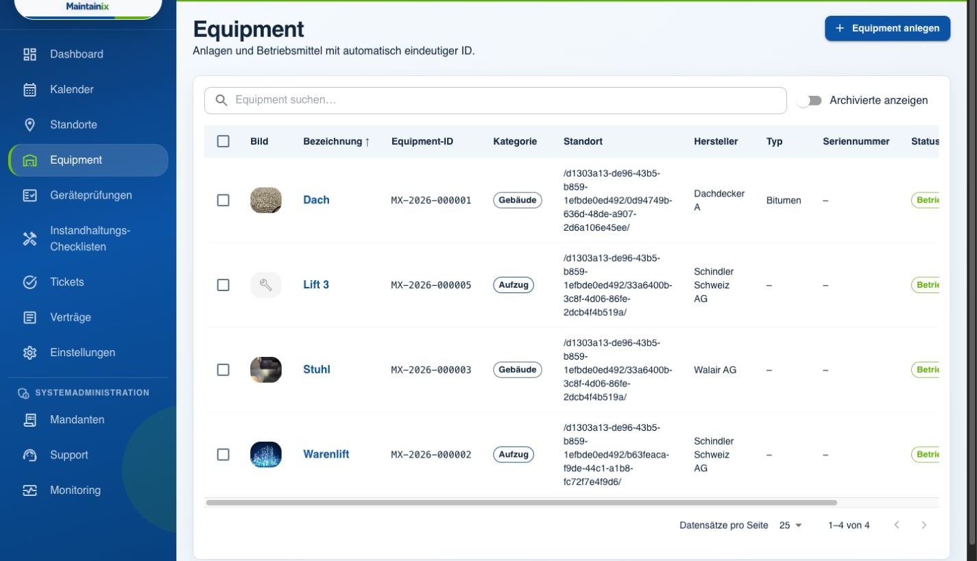 Equipmentübersicht in Maintainix